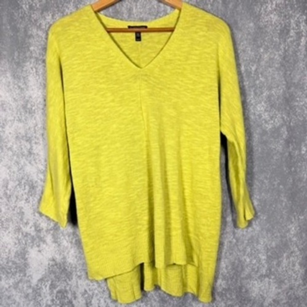 Eileen Fisher V-Neck Sweater Women XS Green Linen Cotton Slub High-Low